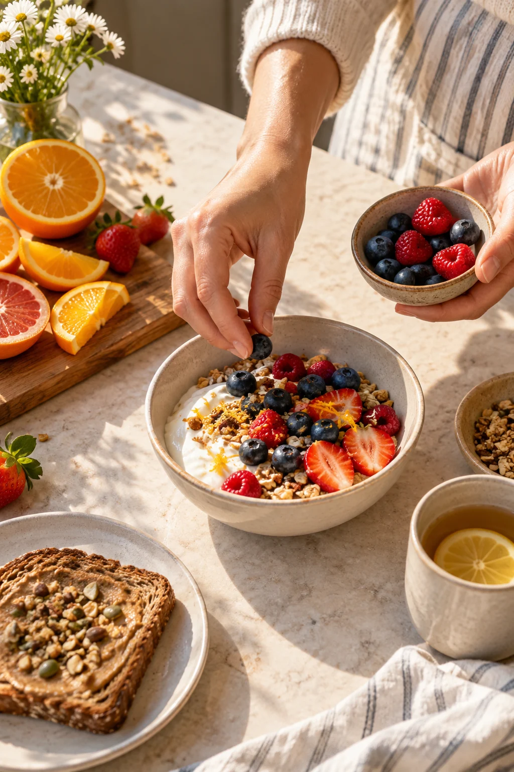 Preparazione di una colazione con yogurt, frutti di bosco e agrumi