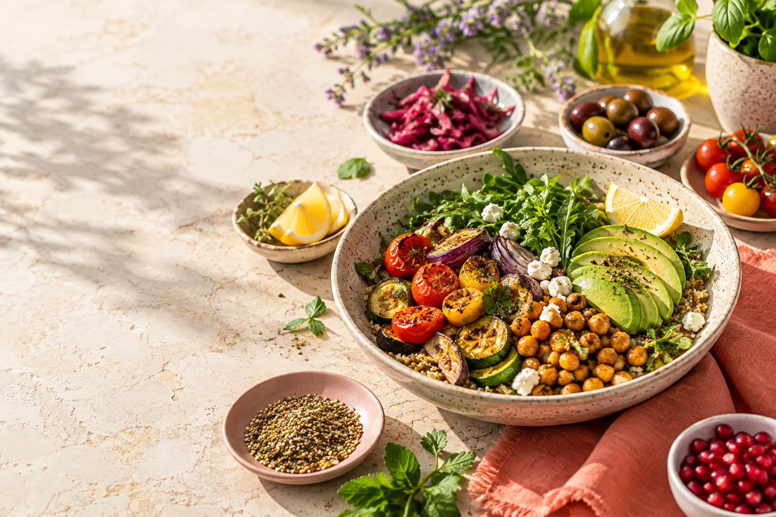 Bowl mediterranea con verdure, ceci, avocado ed erbe fresche